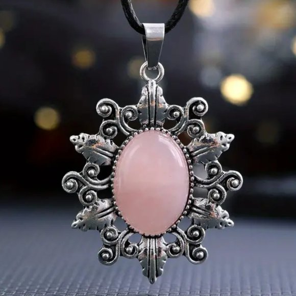 Rose Quartz Natural Stone Sunflower Pendant Hollow Pattern Gemstone Necklace - Picture 1 of 2